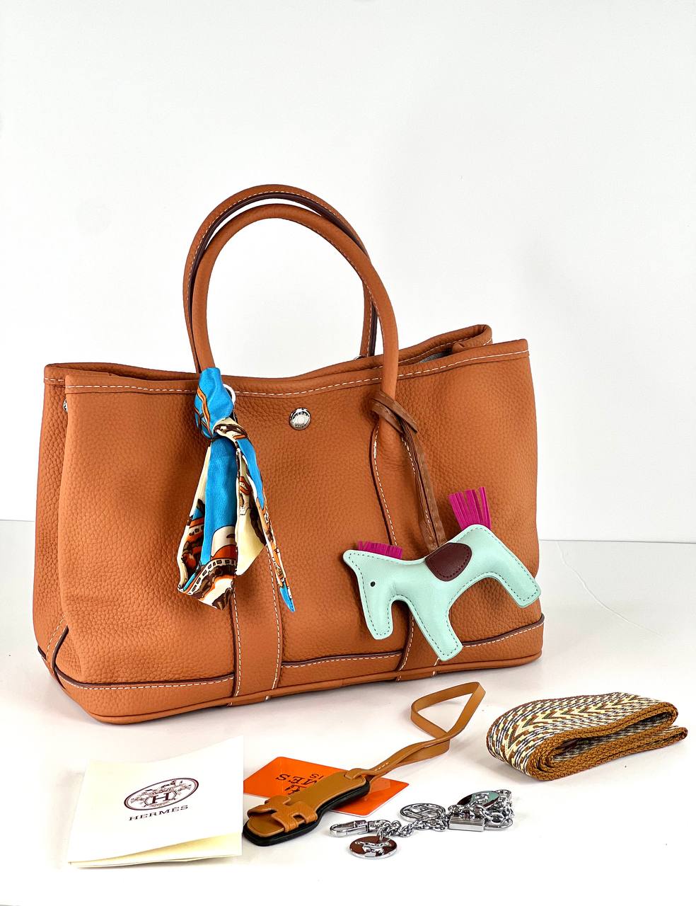 Hermès Tan Leather Tote with Silk Scarf & Charm