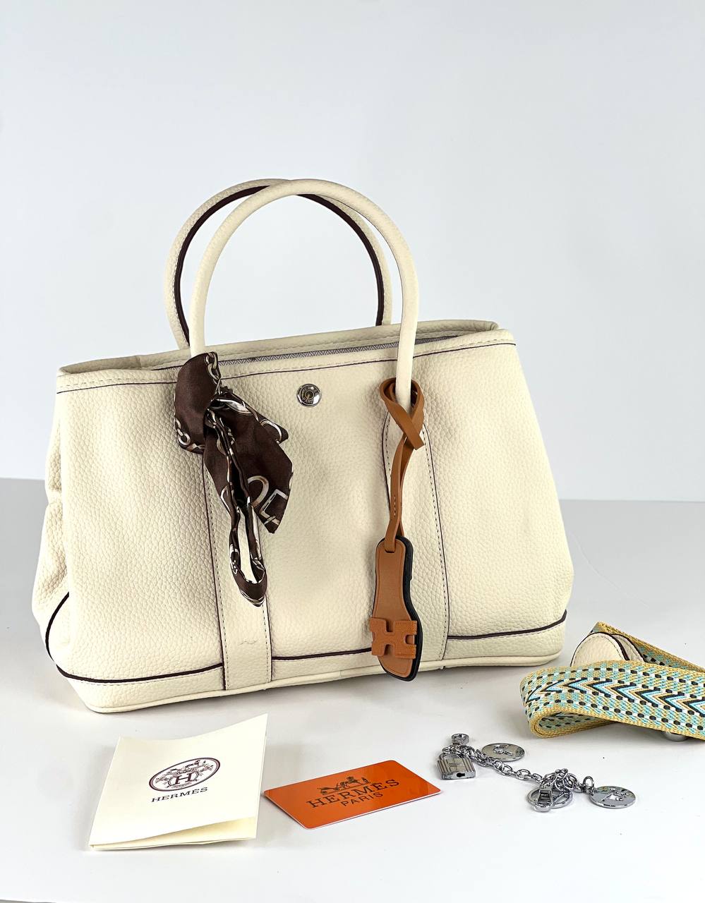 Hermès Tan Leather Tote with Silk Scarf & Charm