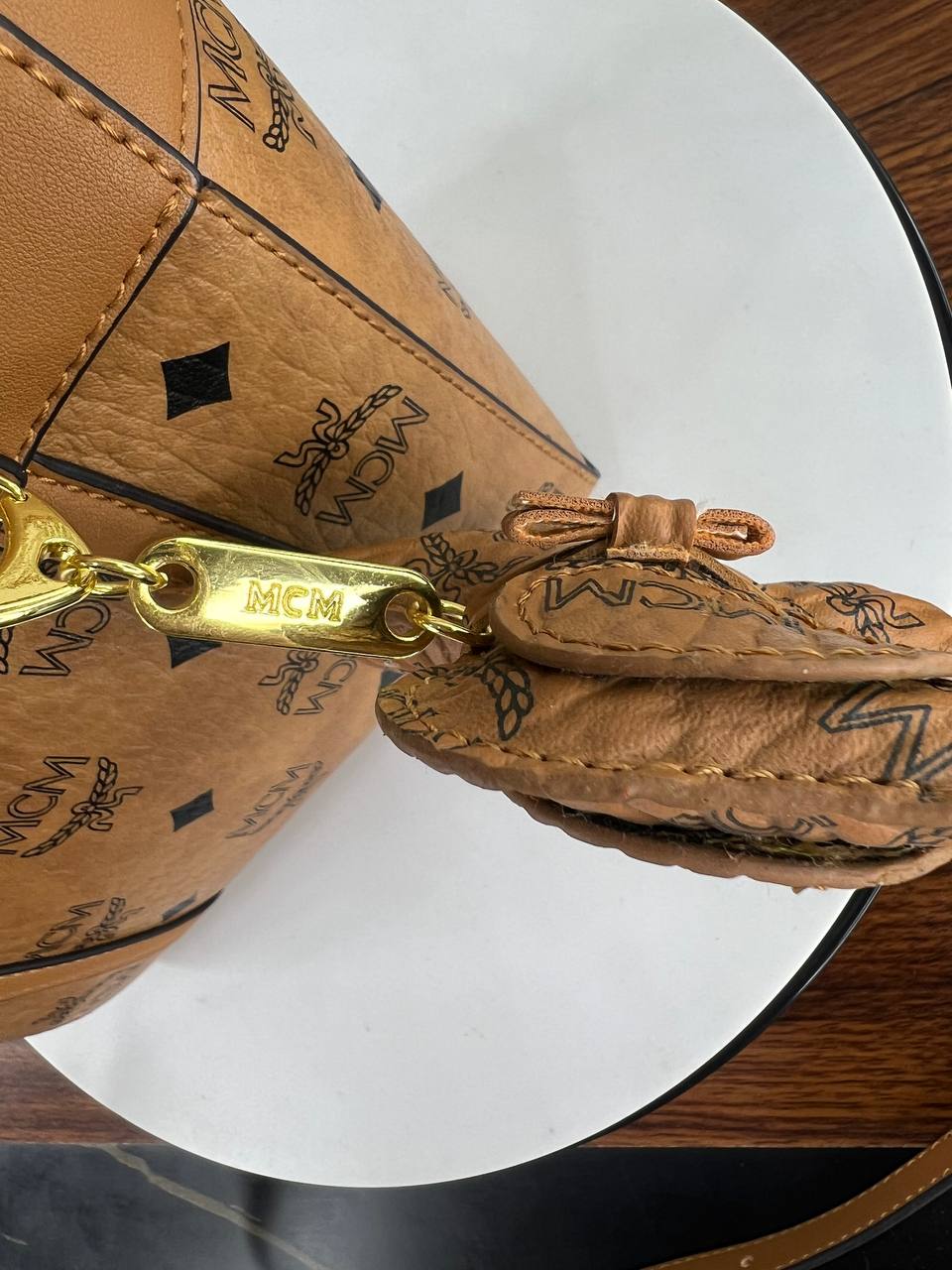 MCM Visetos Leather Tote Bag with Dog Charm