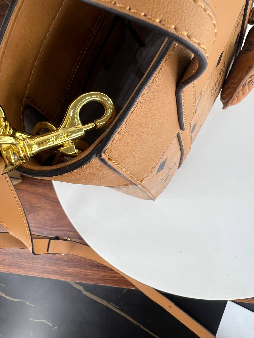MCM Visetos Leather Tote Bag with Dog Charm