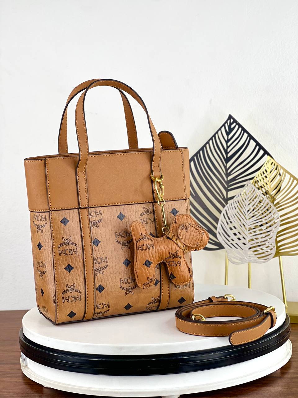 MCM Visetos Leather Tote Bag with Dog Charm