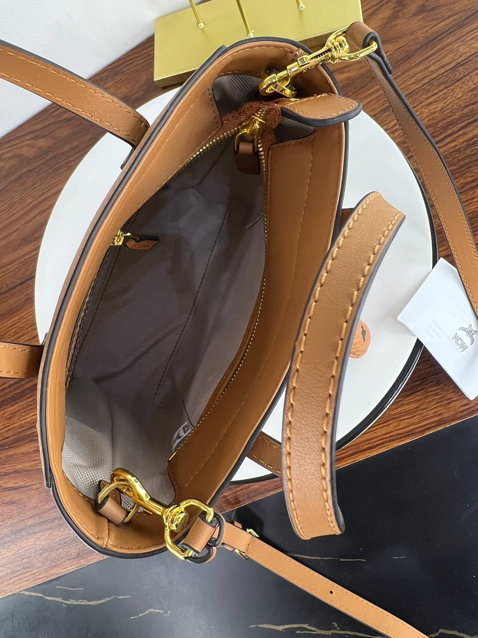 MCM Visetos Leather Tote Bag with Dog Charm