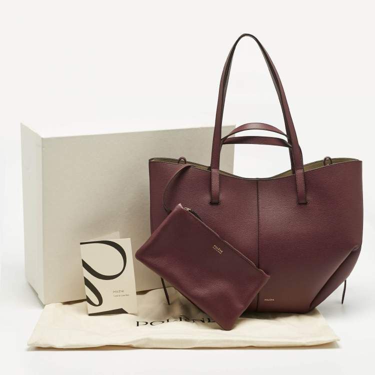 Polène burgundy leather tote bag with matching pouch - luxury designer handbag
