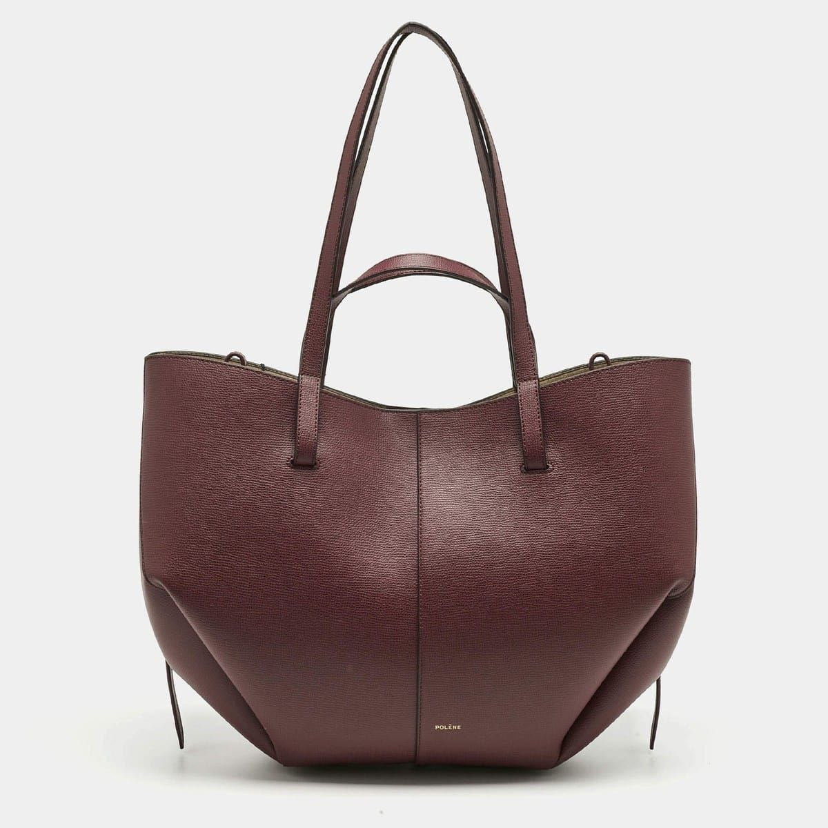 Polène burgundy leather tote bag with matching pouch - luxury designer handbag
