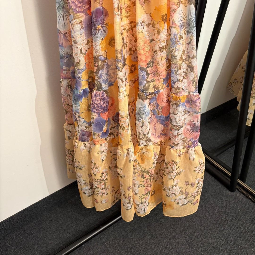 Zimmermann Floral Ruffle V-Neck Midi Dress