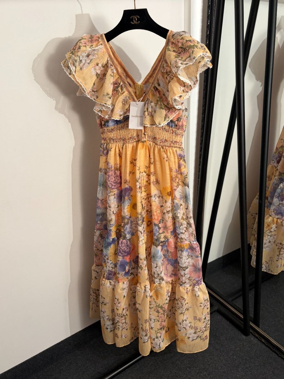 Zimmermann Floral Ruffle V-Neck Midi Dress