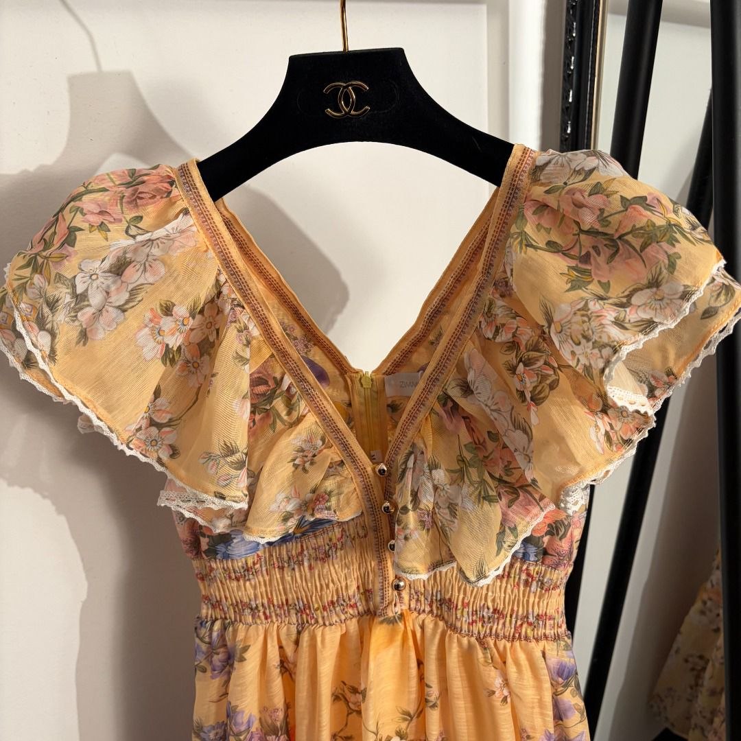 Zimmermann Floral Ruffle V-Neck Midi Dress