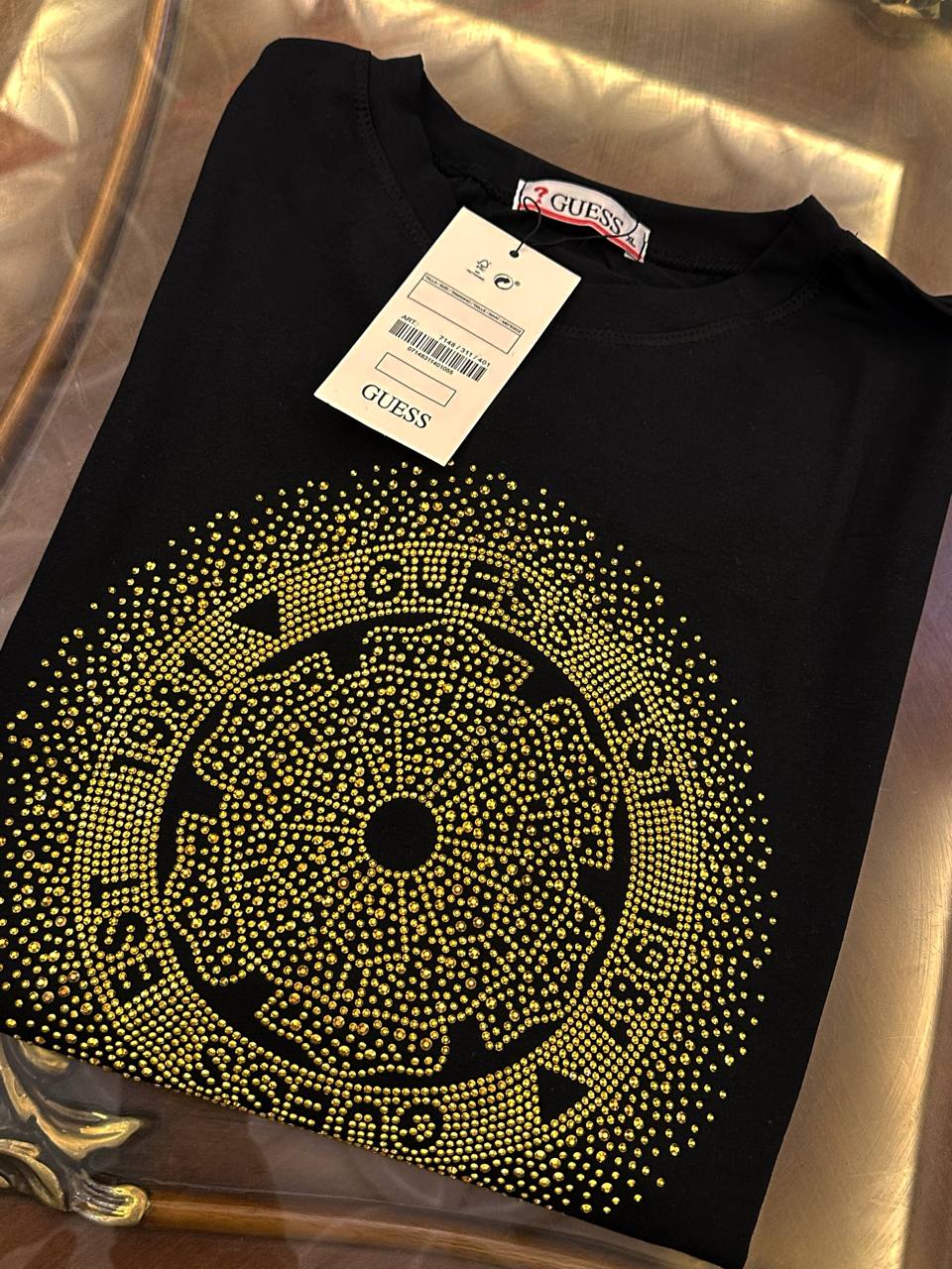 Guess Gold Rhinestone Medallion Long Sleeve T-Shirt