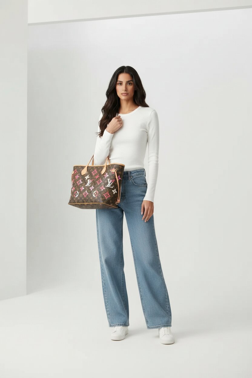 Woman holding a floral handbag against a white background