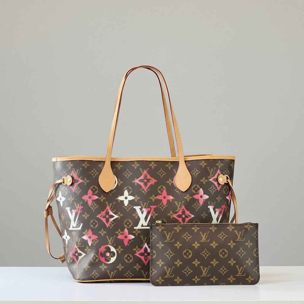 Louis Vuitton handbag with monogram pattern on a gray background