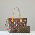 Louis Vuitton handbag with monogram pattern on a gray background
