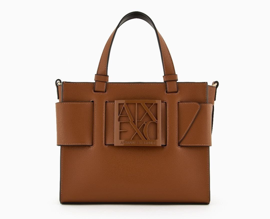 Brown handbag with a prominent logo on a white background
