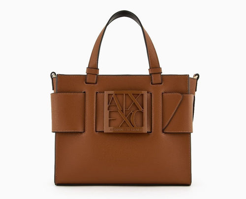 Brown handbag with a prominent logo on a white background