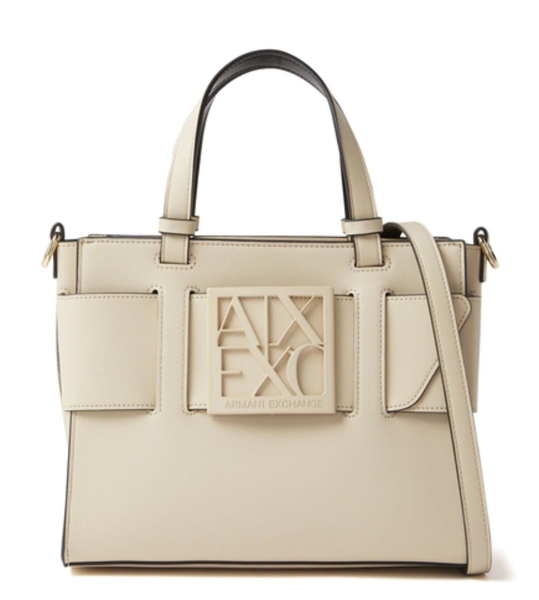 Beige handbag with Armani Exchange logo on a white background