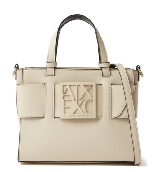 Beige handbag with Armani Exchange logo on a white background