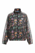 Adidas Originals black floral print track jacket ghost mannequin front view white background colorful botanical print white three stripes trefoil logo