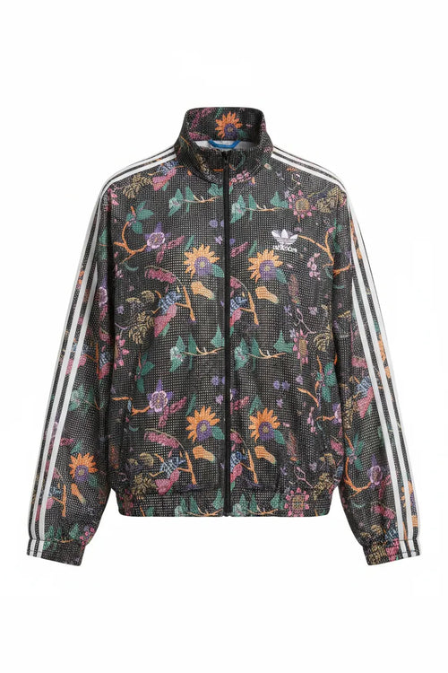 Adidas Originals black floral print track jacket ghost mannequin front view white background colorful botanical print white three stripes trefoil logo