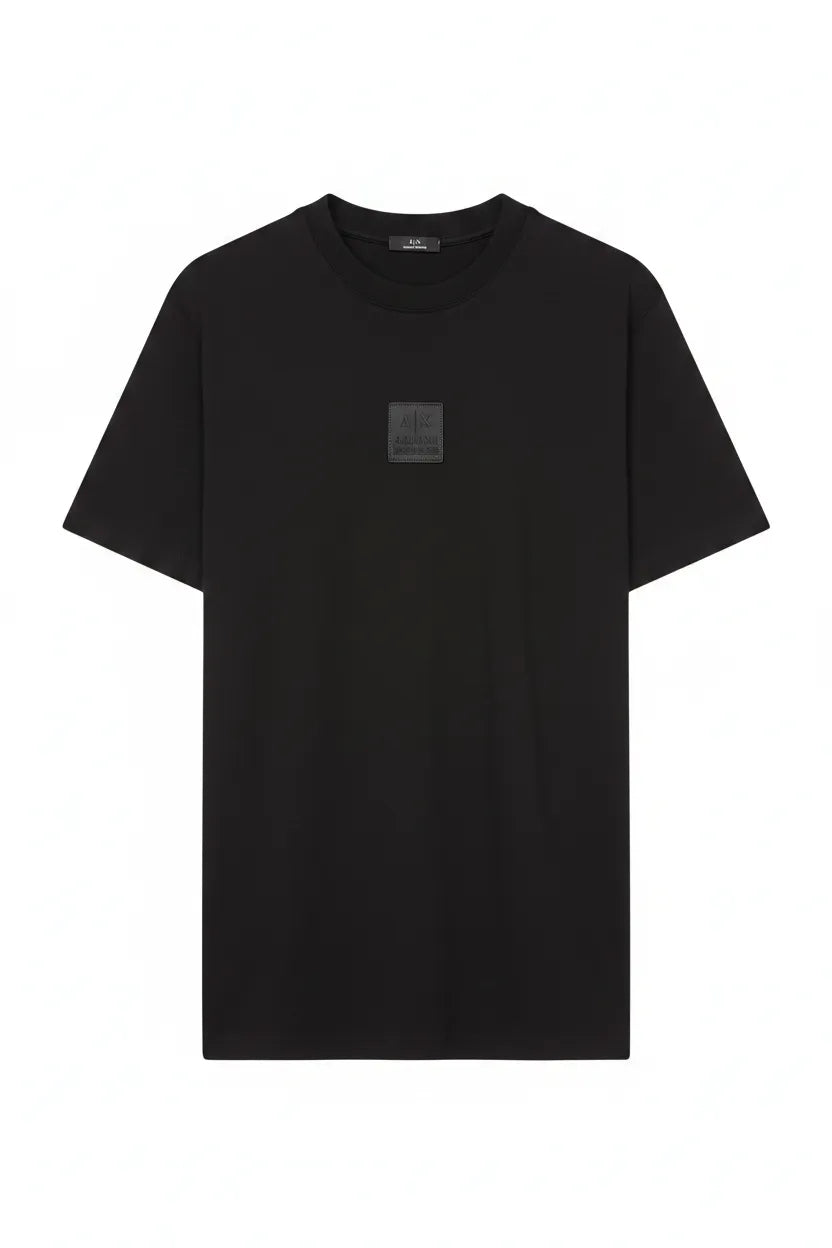 Black t-shirt with a small logo on the chest against a white background