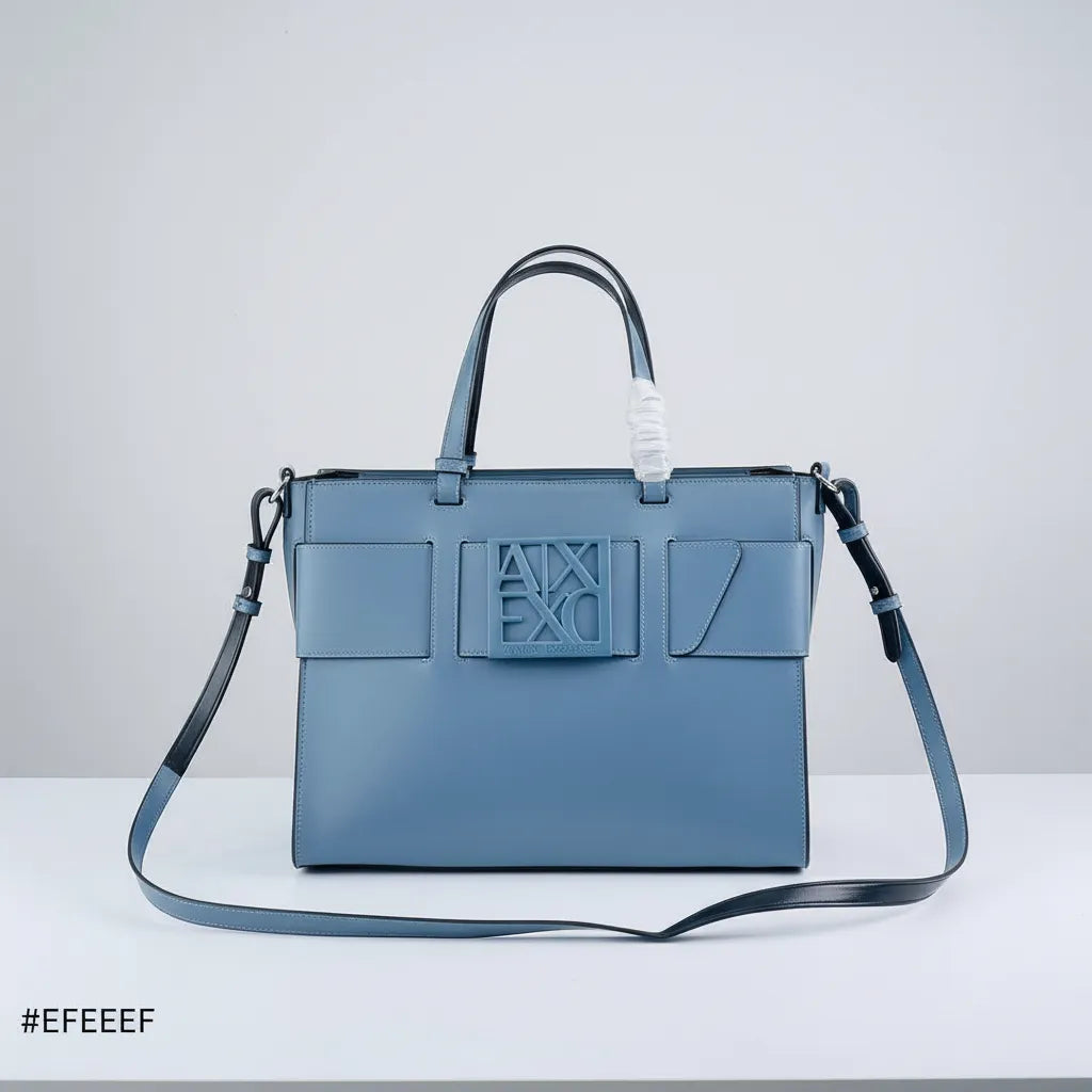 Blue handbag with a brand logo on a white background