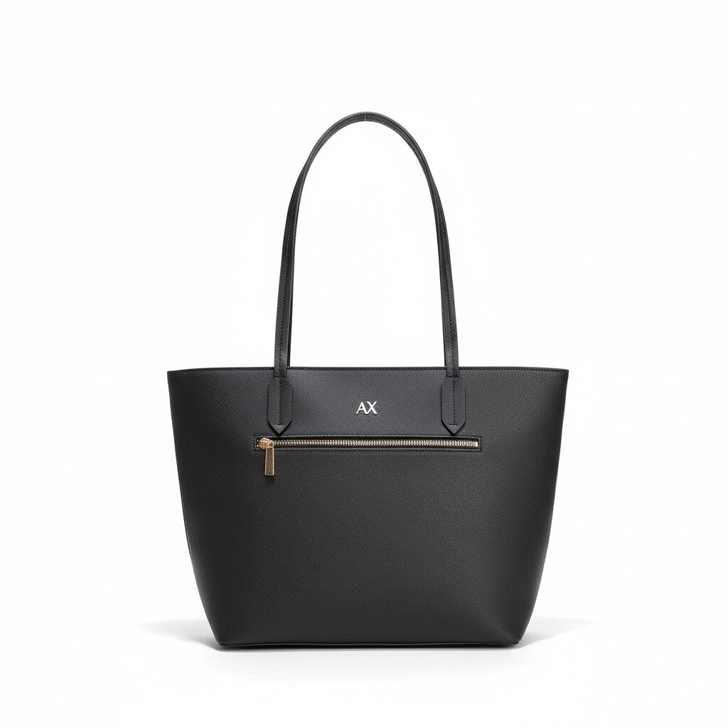Black handbag with a gold zipper on a white background