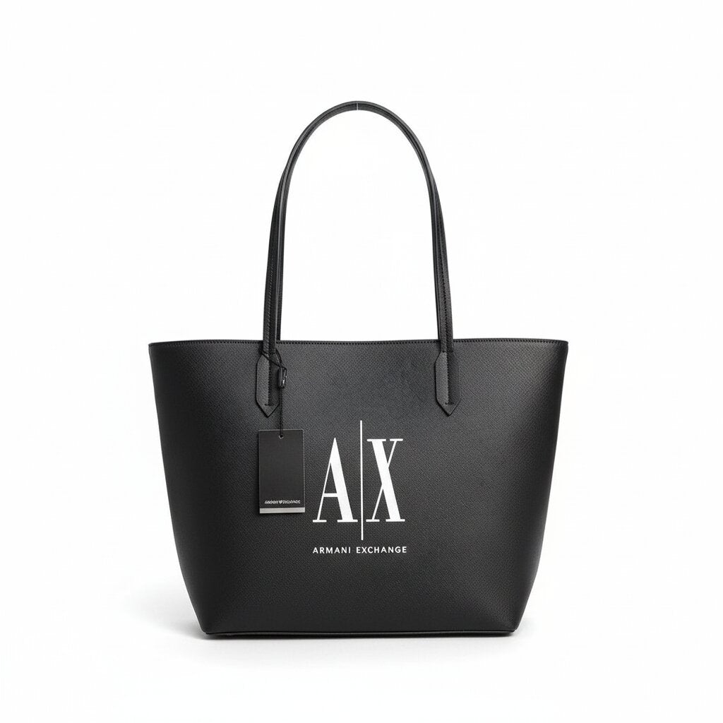 Black Armani Exchange tote bag on a white background