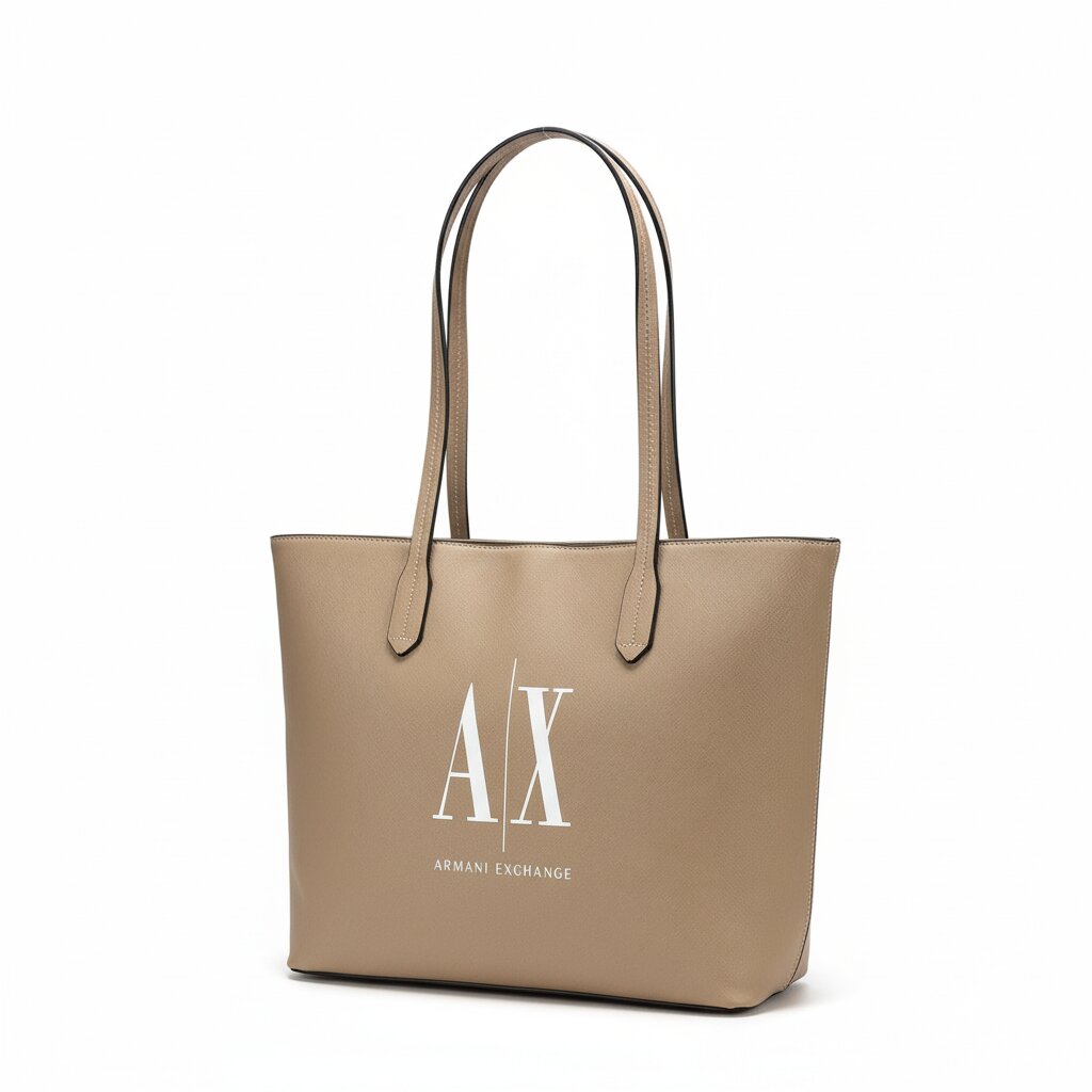 Beige tote bag with Armani Exchange logo on a white background