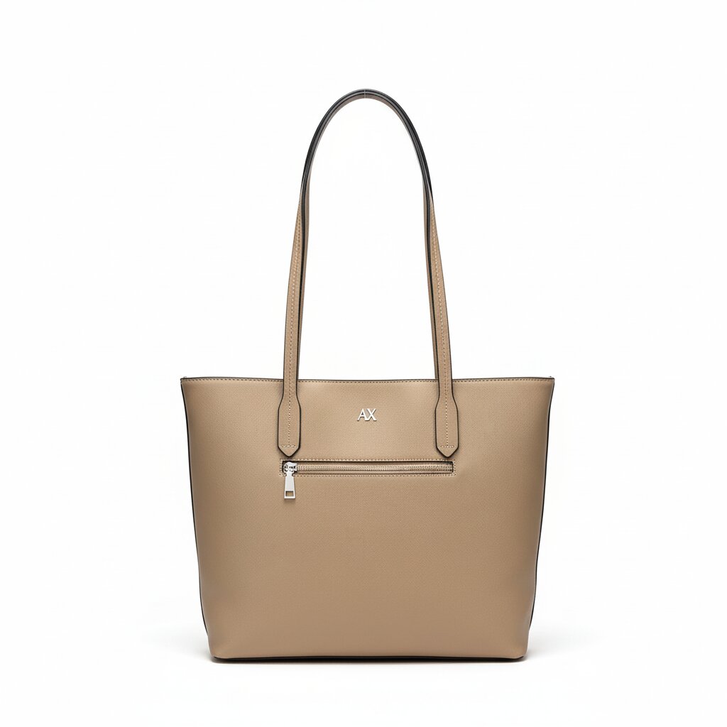 Beige handbag with a visible brand logo on a white background