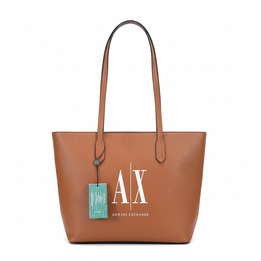 Brown Armani Exchange tote bag with a visible tag on a white background