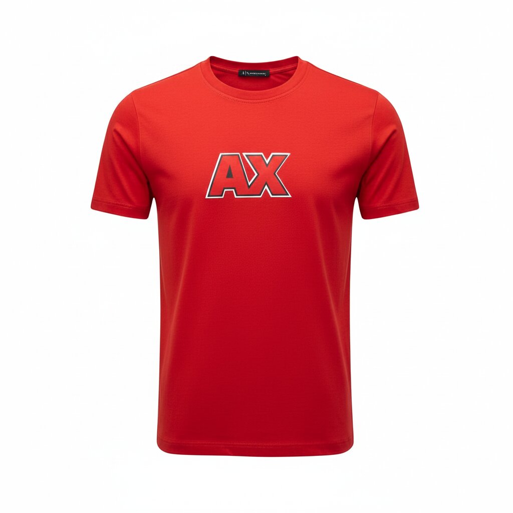 Red t-shirt with 'AX' logo on a white background