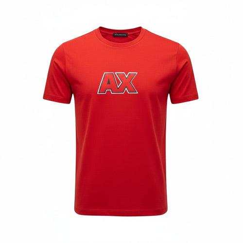 Red t-shirt with 'AX' logo on a white background
