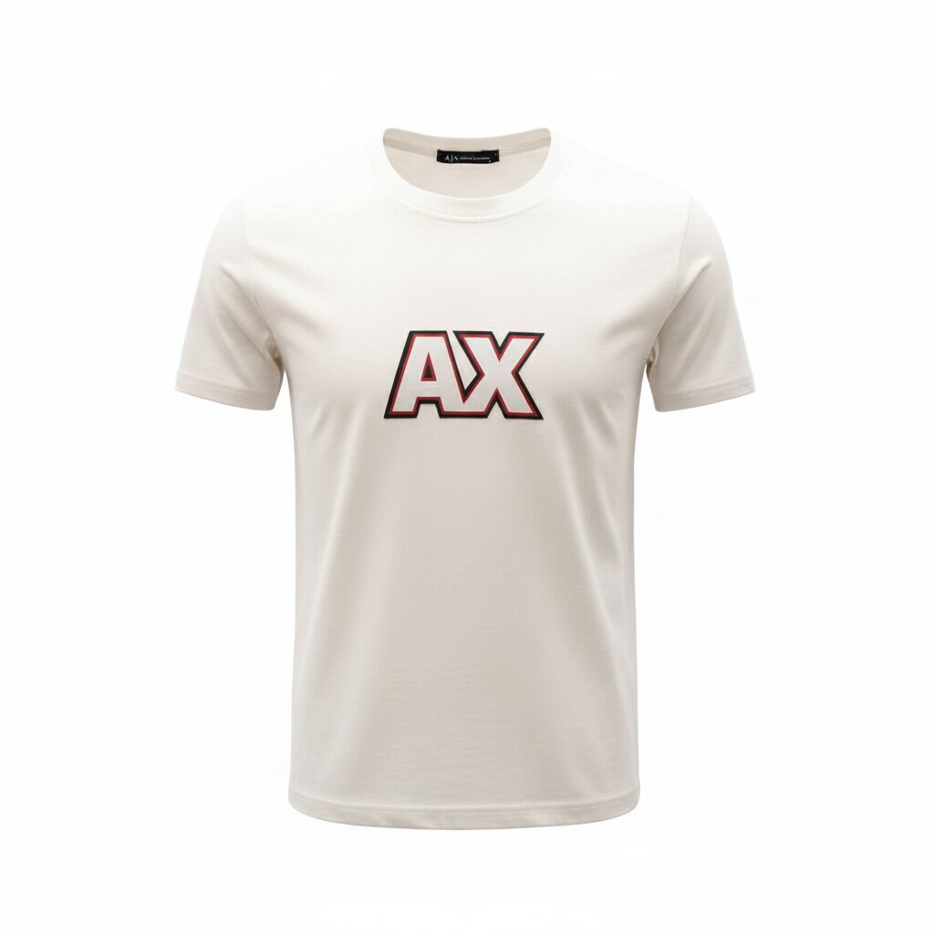 White t-shirt with red AX logo on a white background