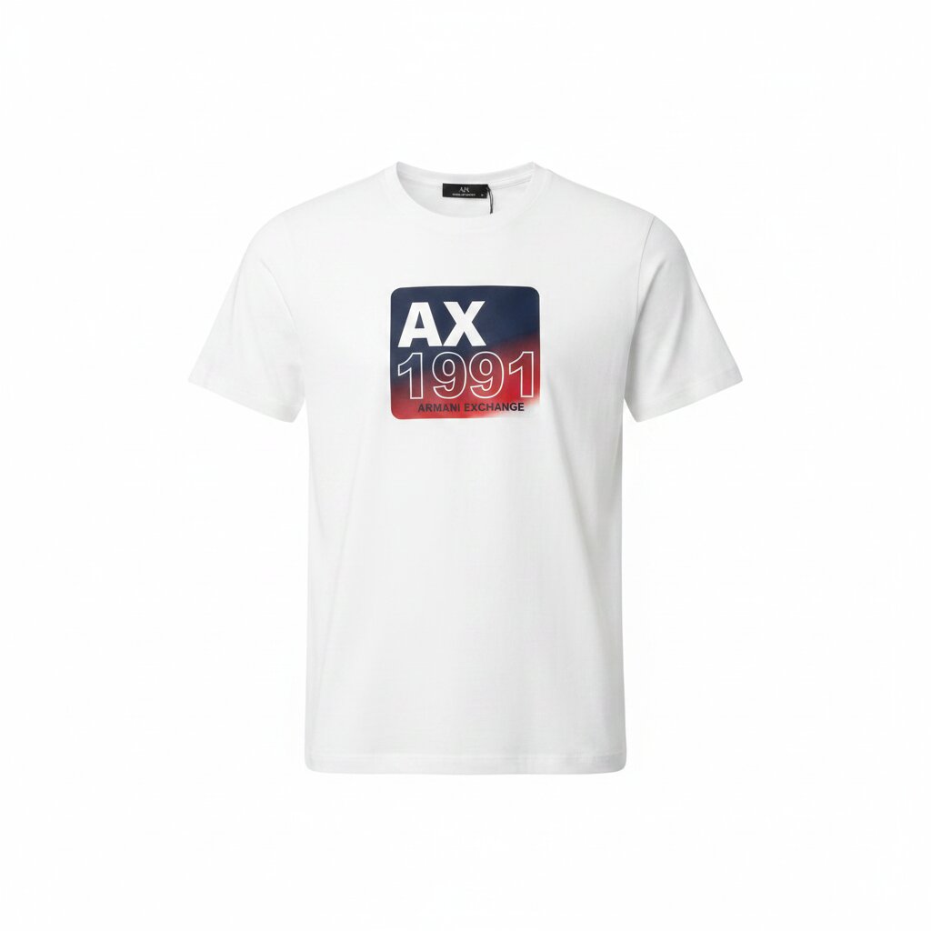 White t-shirt with AX 1991 logo on a white background