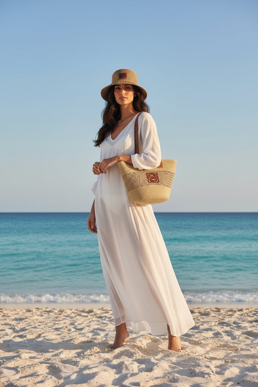 Woman in a white dress and straw hat standing on a beach with clear blue sky and ocean.