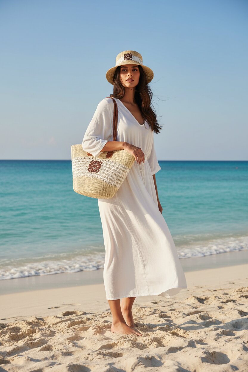 Woman in a white dress and hat holding a straw bag on a beach with blue ocean and sky.