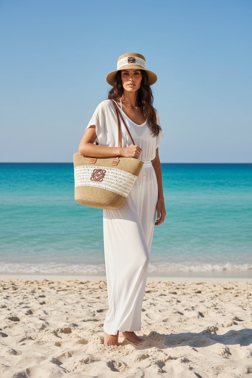 Woman in a white outfit with a straw hat and bag on a beach