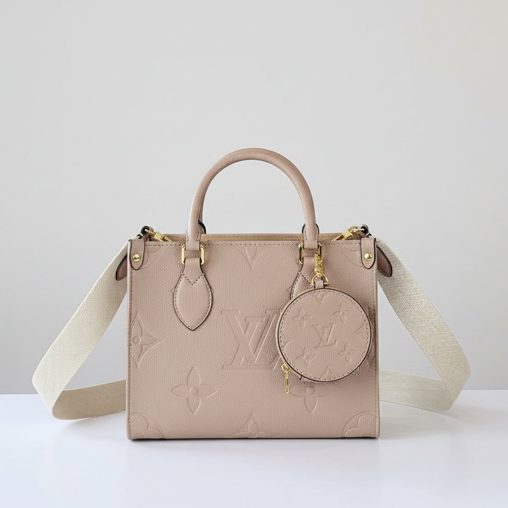 Beige handbag with a strap on a light gray background