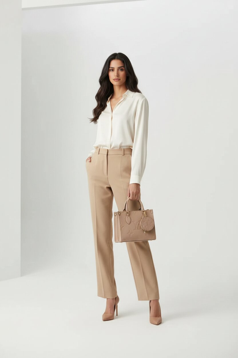 Woman wearing a white blouse and beige pants holding a matching handbag on a white background