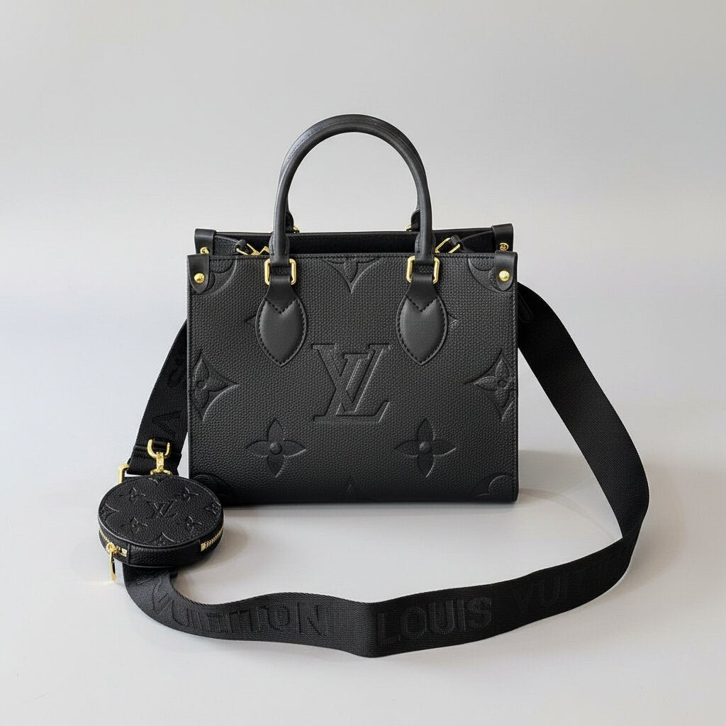 Black handbag with a visible brand logo on a light gray background
