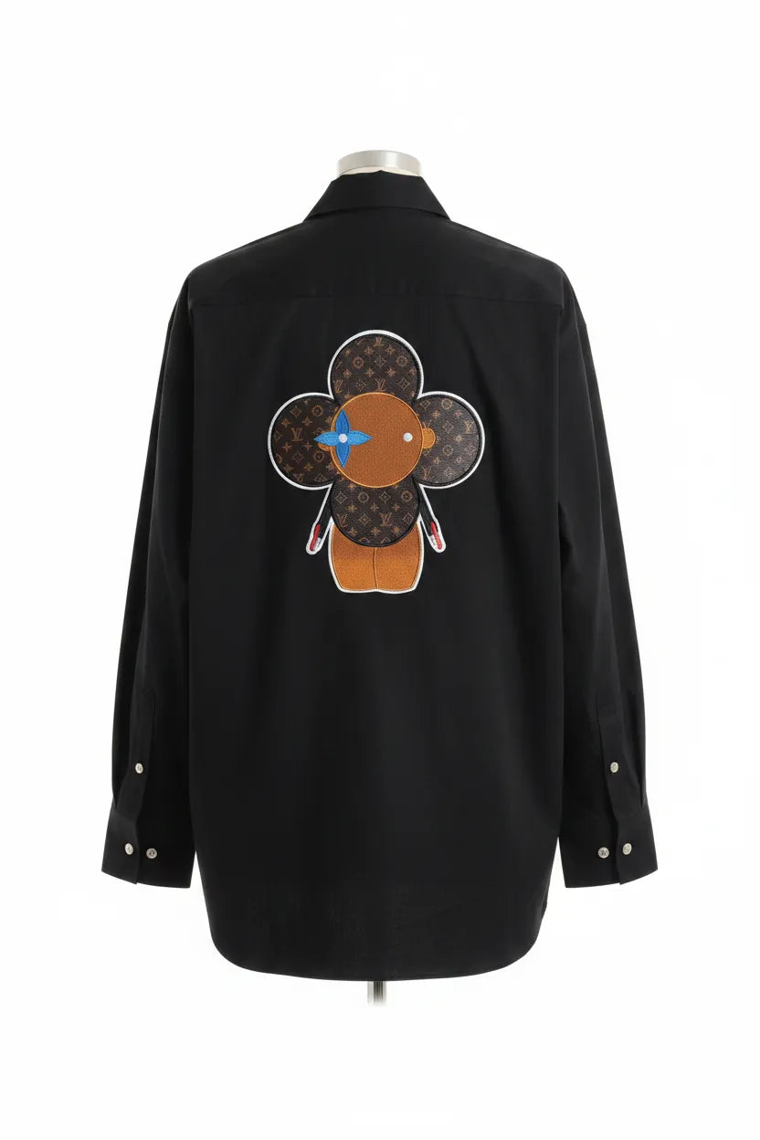 Black jacket with a colorful patch on a mannequin against a white background