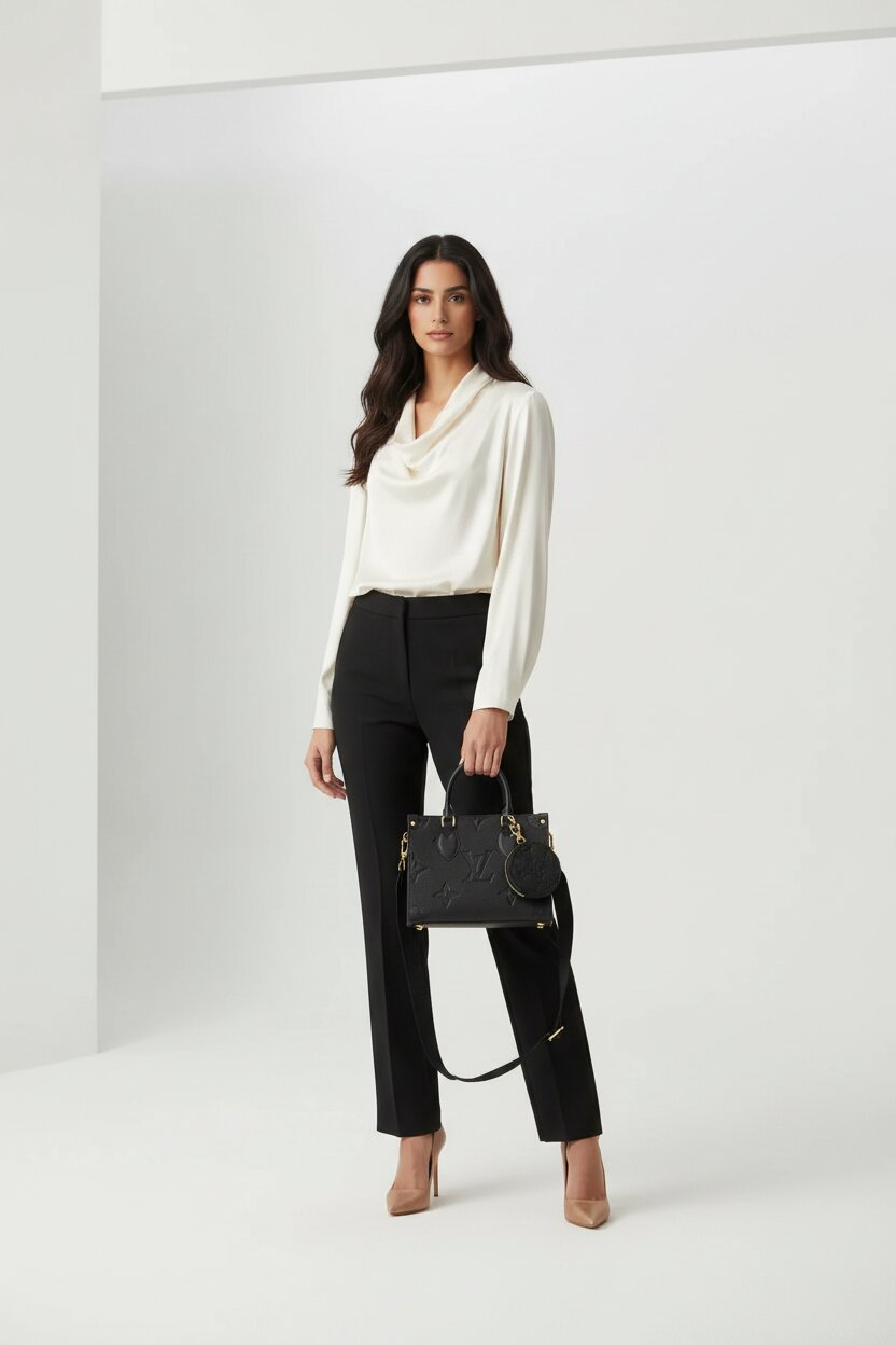 Woman wearing a white cowl-neck sweater and black pants, holding a black handbag on a white background