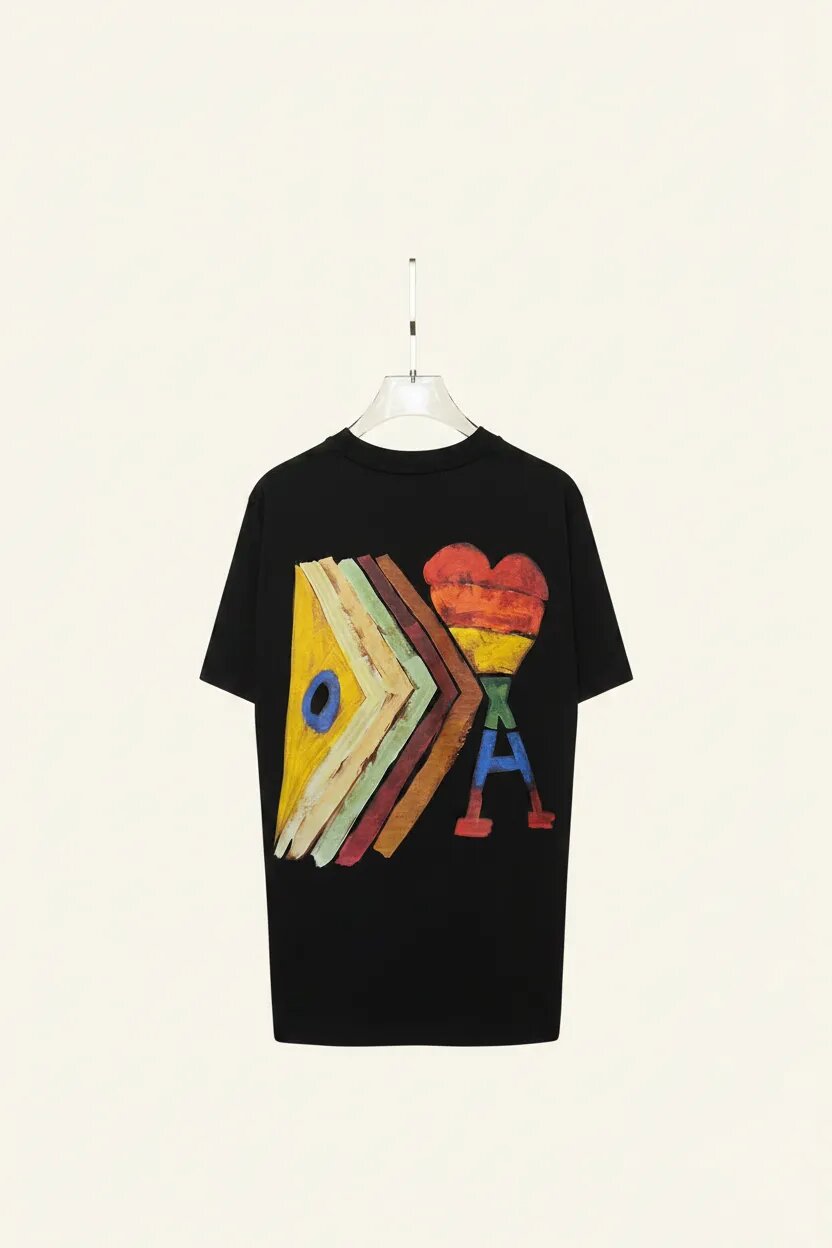 Black t-shirt with colorful graphic design on a white background