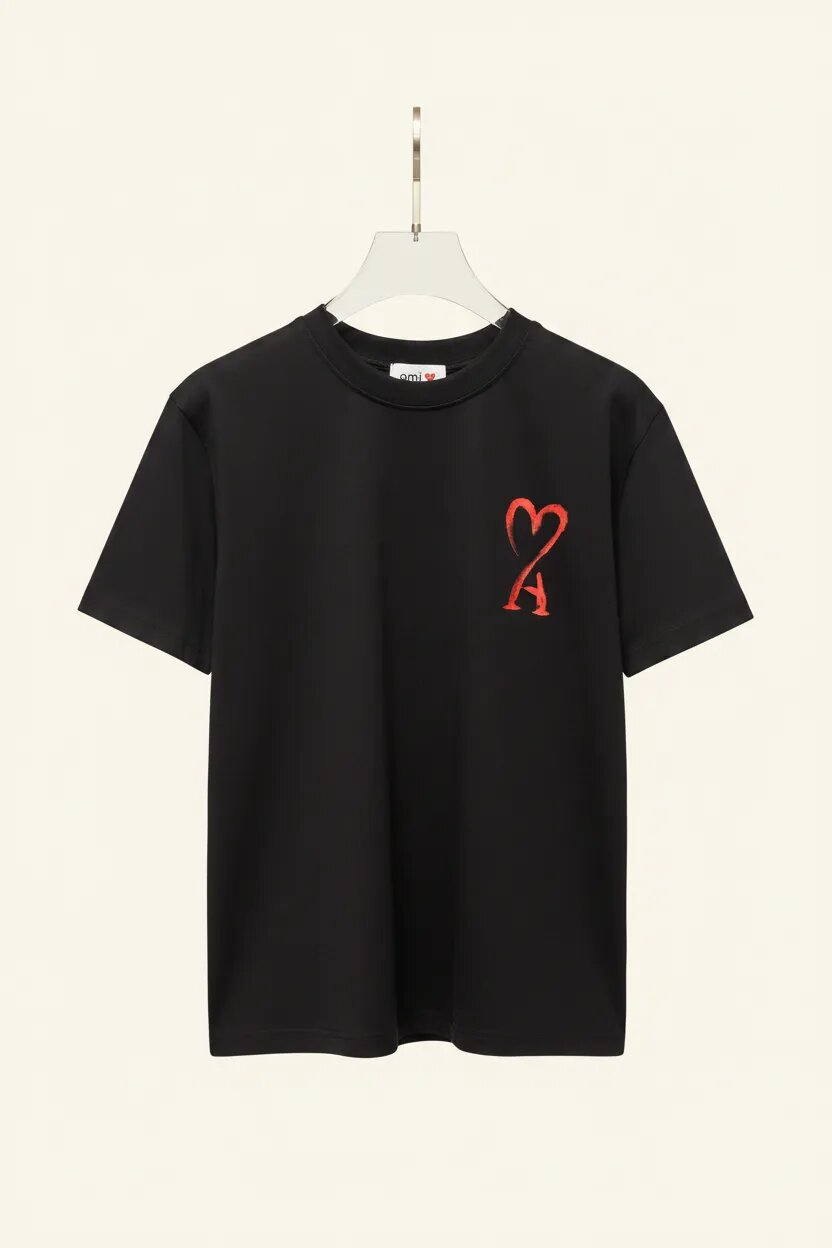Black t-shirt with a red heart design on a white background