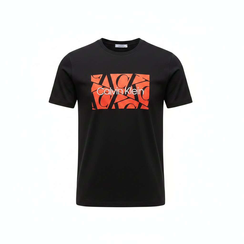 Black t-shirt with orange logo on a white background