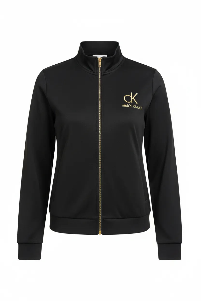 Calvin Klein black gold CK zip-up track jacket ghost mannequin studio white background