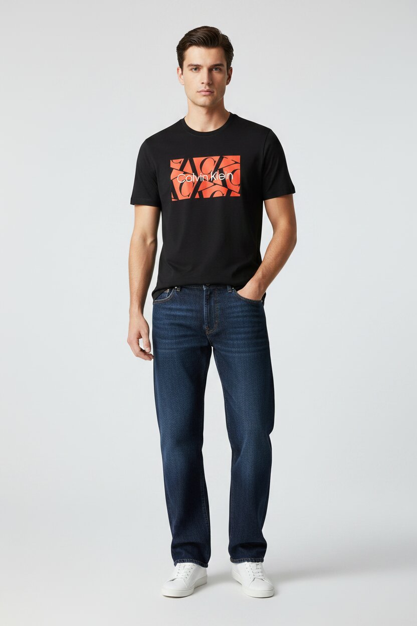 Man wearing a black t-shirt with orange graphics and blue jeans on a white background