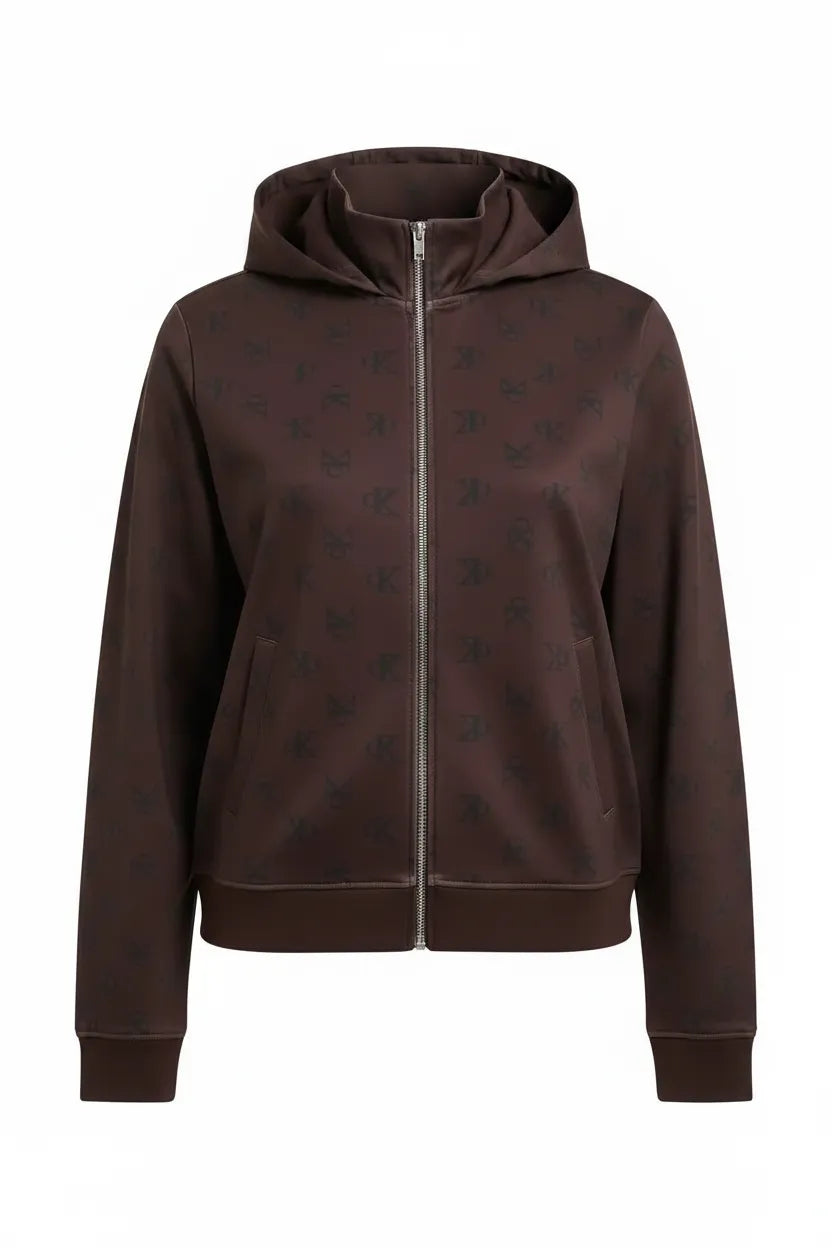 Calvin Klein CK monogram dark brown zip-up track jacket ghost mannequin white background all-over tonal CK print silver zip with capesho