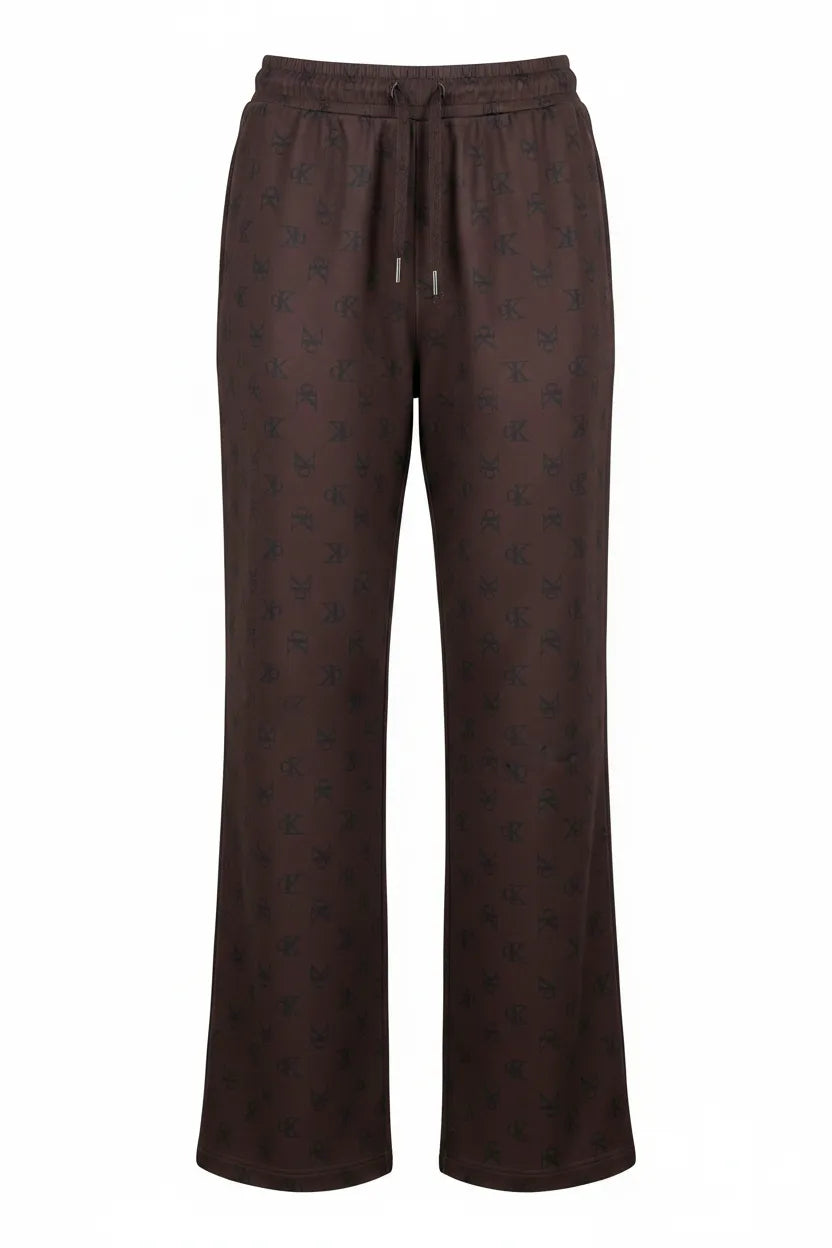 Calvin Klein CK monogram dark brown wide leg track pants ghost mannequin white background all-over tonal CK print elastic waistband