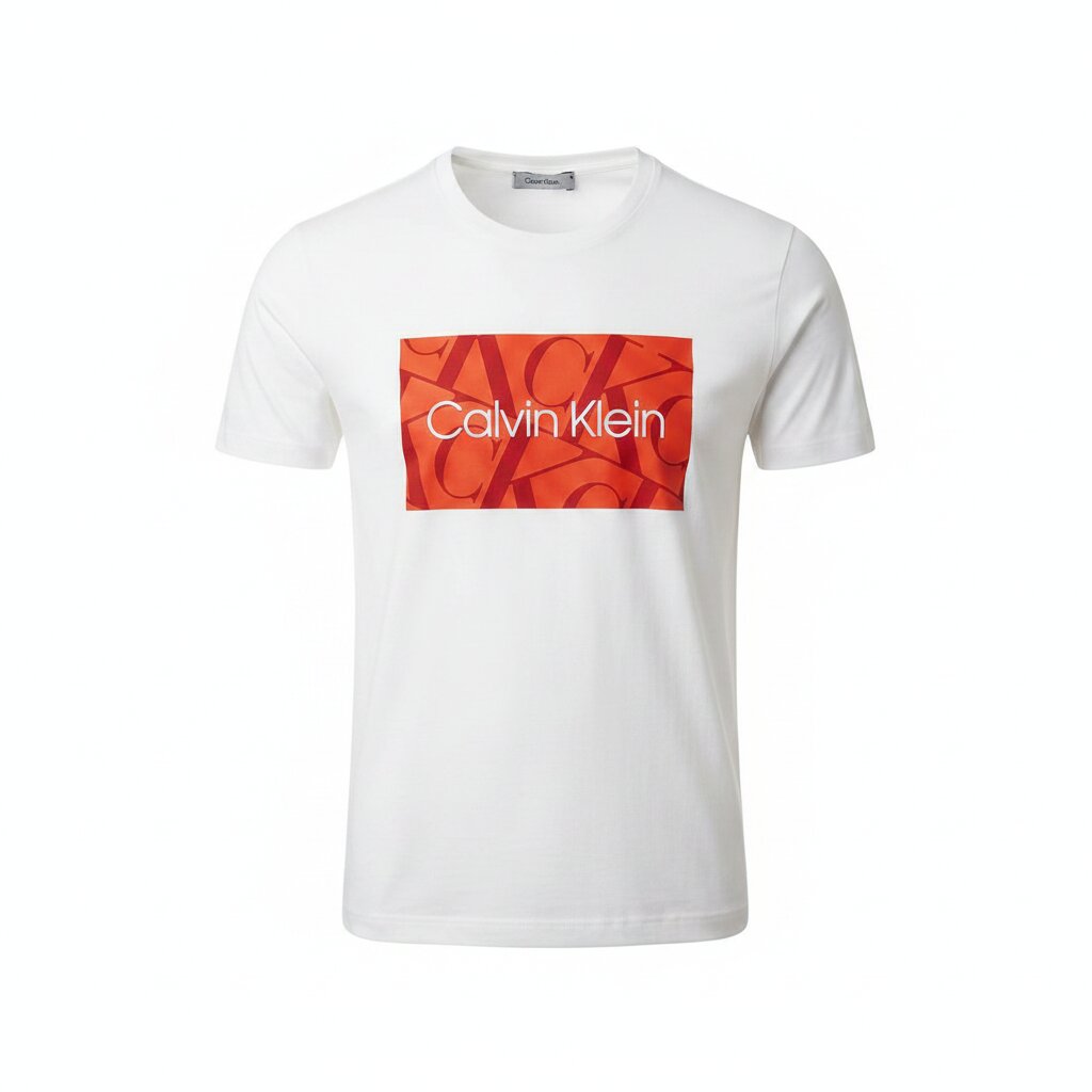 White t-shirt with a red and orange Calvin Klein logo on a white background