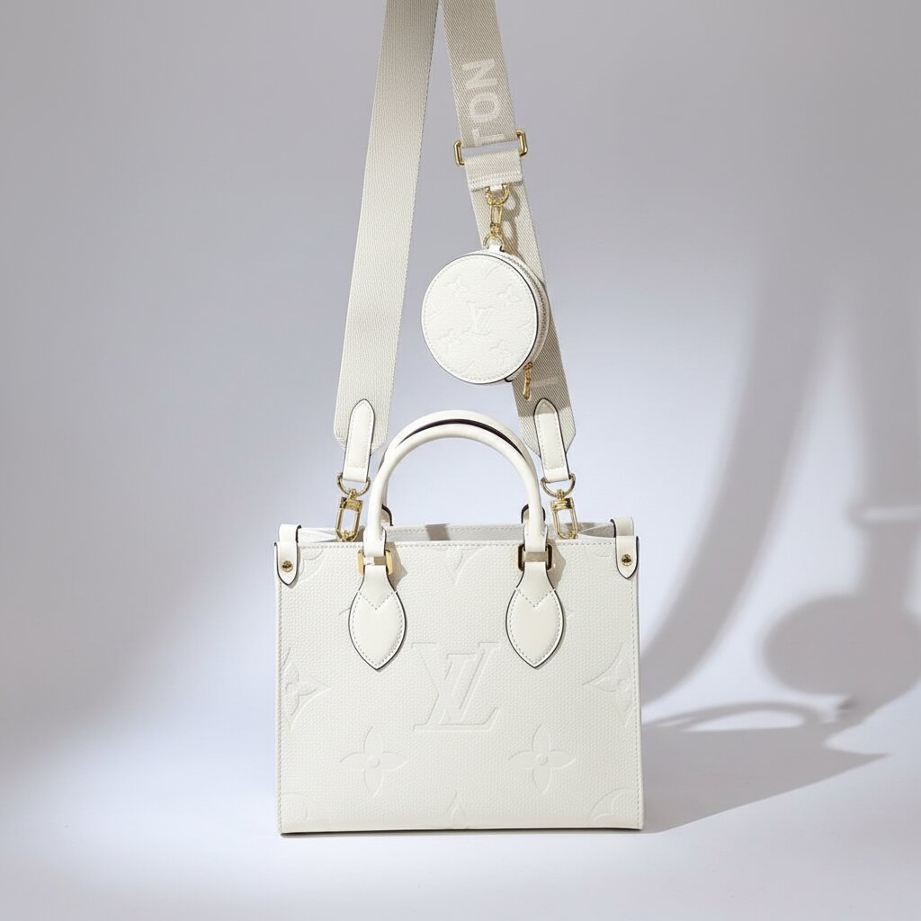White handbag with matching round mirror on a light gray background
