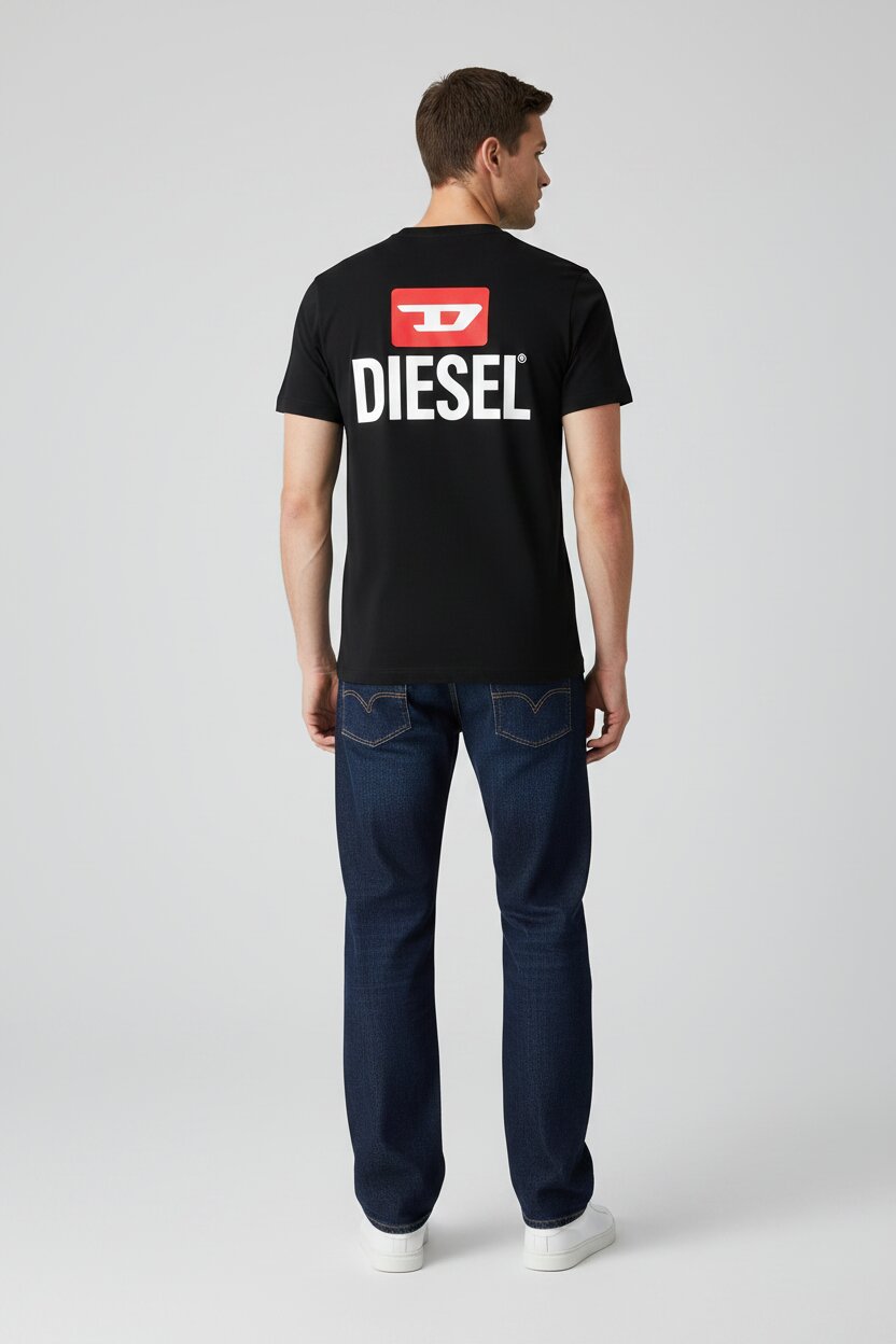 Person wearing a black Diesel t-shirt with a red and white logo on the back, standing against a plain background.